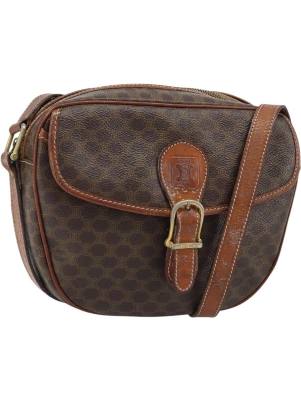 CELINE Macadam Canvas Shoulder Bag PVC Leather Brown Gold